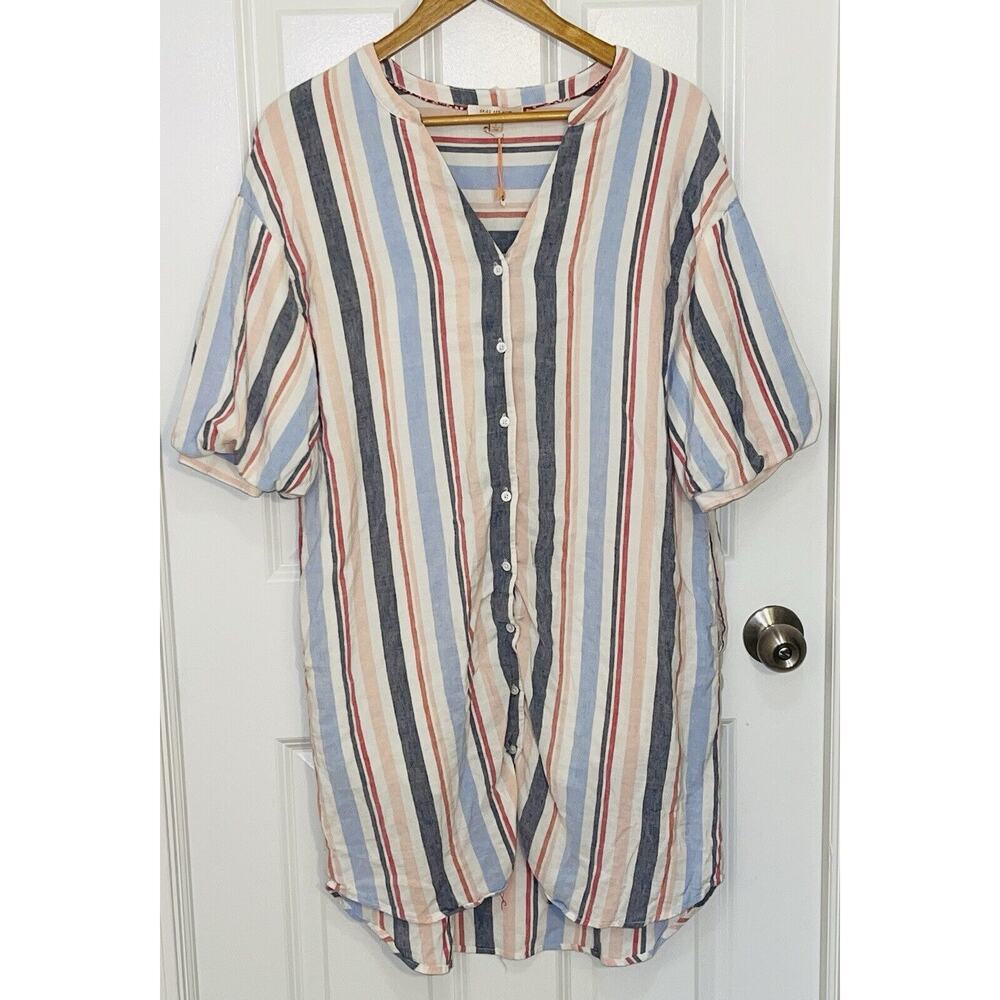 Skies Are Blue Anthropologie Linen Blend Striped Button Down Women's Dress Small